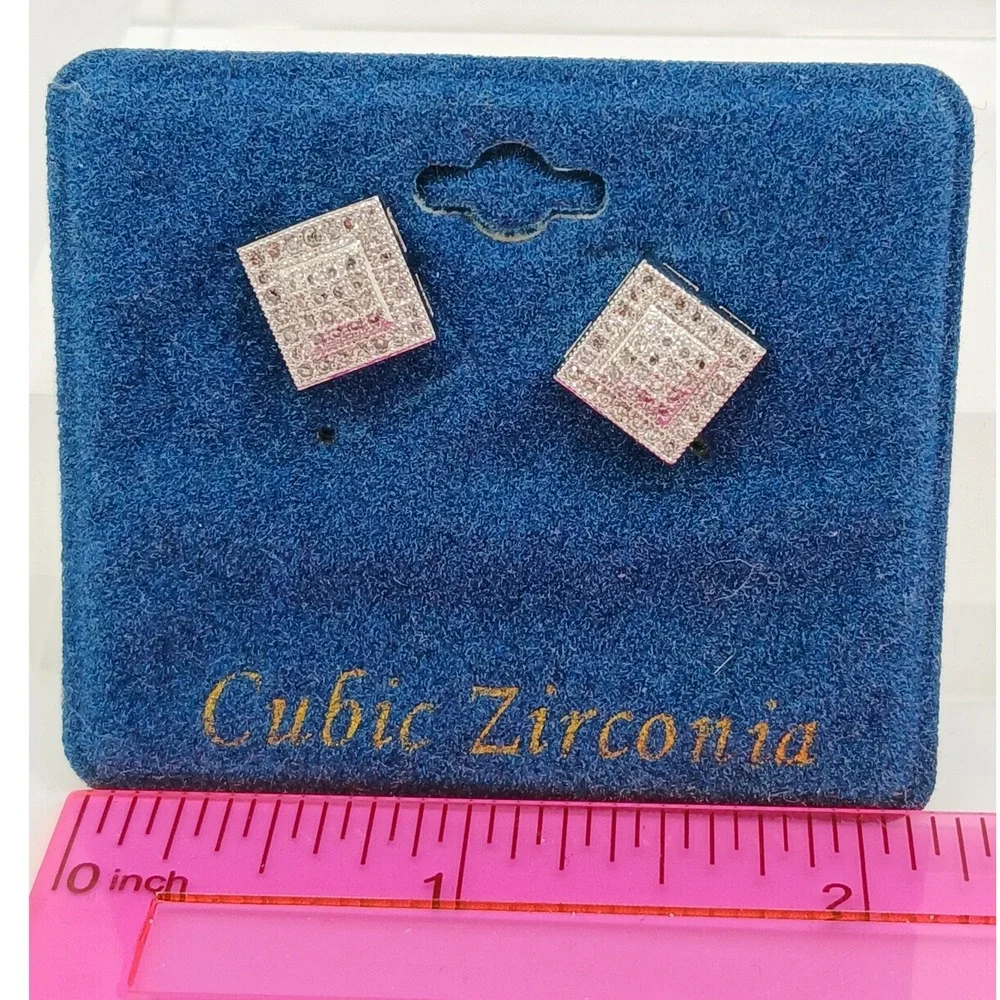 Vintage 1990s Square Micro Pave Cubic Zirconia Stud Earrings Silver‎ Tone Rare